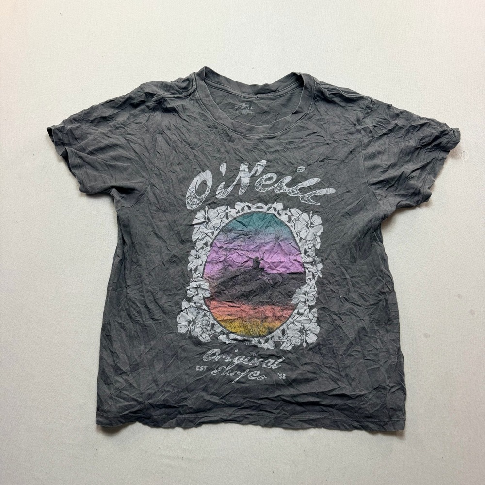 O'Neill Graphic Tee Women Large Grey Excellent Original Surf Co Sunset Hibiscus